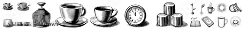 Vector Detailed vector illustrations of vintage objects including mugs bottles and clocks.
