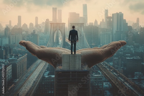 A businessman stands on a pedestal, held aloft by a giant hand over a city