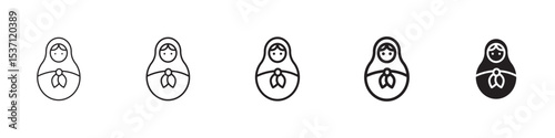 Nesting dolls icons in black outline, solid and colored style