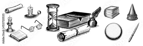 Vector Vintage writing tools and timekeeping objects .