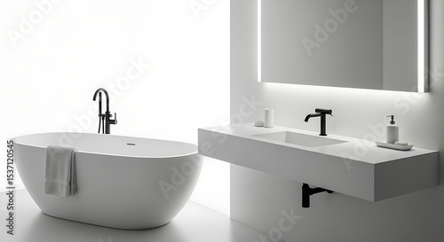 Minimalist bathroom with freestanding tub and modern sink for luxurious living