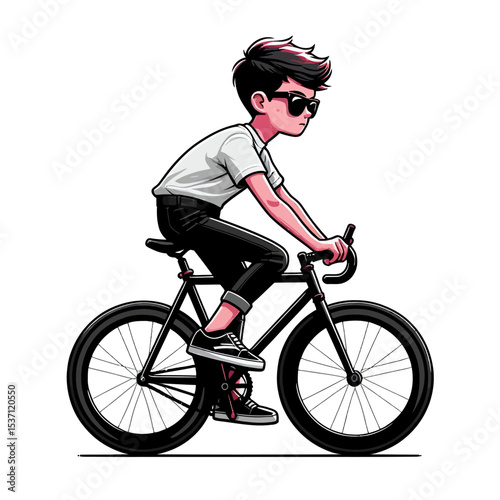  boy with black sunglasses rides a fixie bike