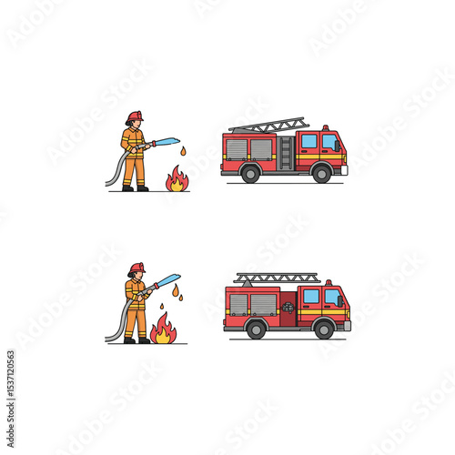 Firefighter and Firetruck Action Icons

