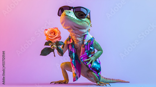 Cool Lizard Dressed in Tropical Floral Shirt and Sunglasses Holding an Orange Rose on Gradient Pastel Background in Humorous Fashion Style