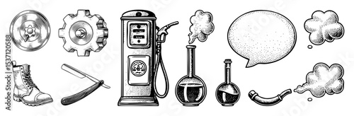 Vector Vintage objects collection featuring a record gas pump and laboratory glassware.