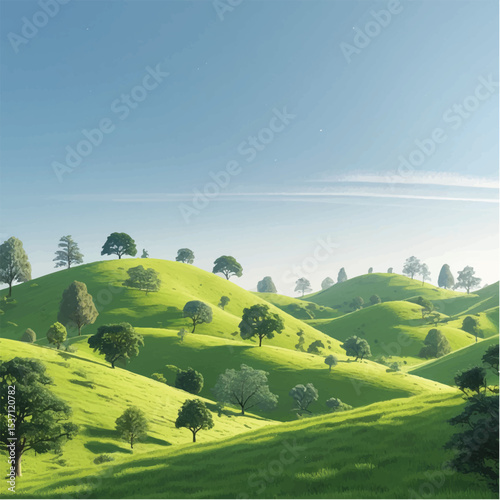 Green hills and fields under a blue sky with distant mountains and summer clouds