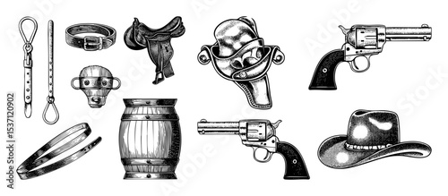 Vector Vintage Western Elements Collection with Revolvers Saddle and Cowboy Hat