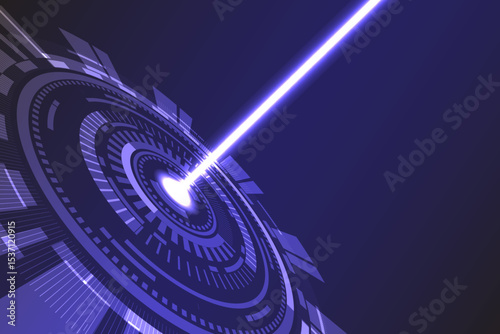 Futuristic abstract interface with a glowing laser beam shooting from the center of a circular digital panel, ideal for sci-fi, HUD design, or technology backgrounds.