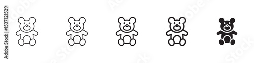 Teddy bear icons in black outline, solid and colored style