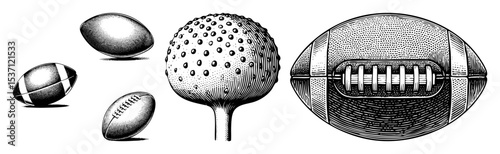Vector Vintage sports balls featuring a soccer ball golf ball and rugby ball.