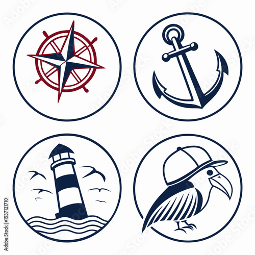 Nautical icons set compass anchor lighthouse bird