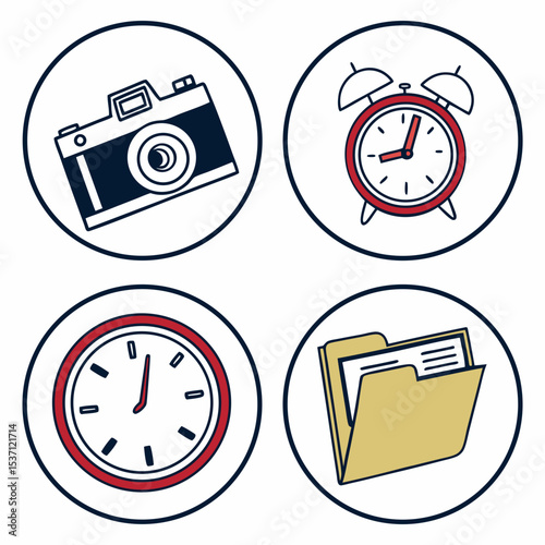 Time management icons camera clock file organization