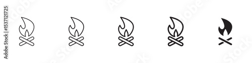 Campfire icons in black outline, solid and colored style