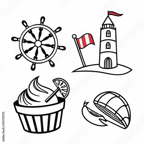 Nautical theme clipart set ship wheel lighthouse cupcake mussel