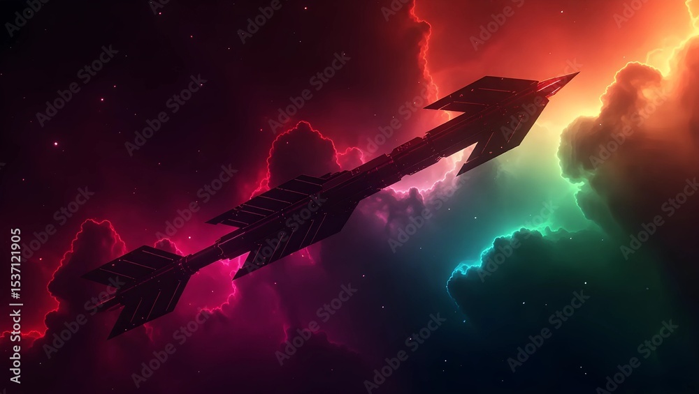 Fototapeta premium An artistic arrow flying through a vibrant nebula with stars, representing concepts like direction, success, and innovation.