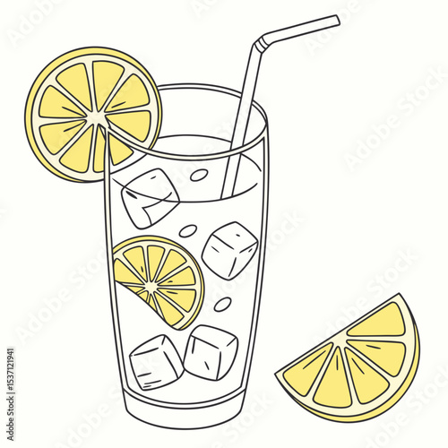 Refreshing lemonade drink with ice and lemon slices