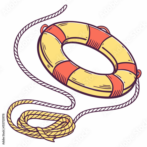 Yellow life preserver with rope nautical illustration