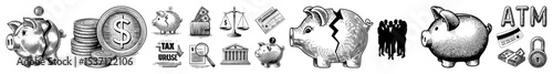 Vector Financial emblems and depict banking justice and economic concepts.