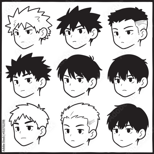 Funny cartoon faces of diverse kids with various hairstyles and emotions for avatar icons