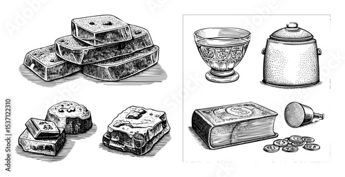Vector Vintage treasure elements including gold bars goblets and chests.