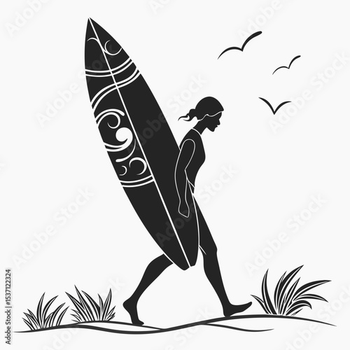 Surfer girl silhouette walking with surfboard on beach
