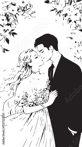 A beautiful vector illustration of a loving bride and groom silhouette kissing, embodying the art of wedding fashion