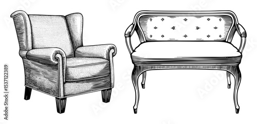 Vector Vintage armchair and loveseat in engraved style.