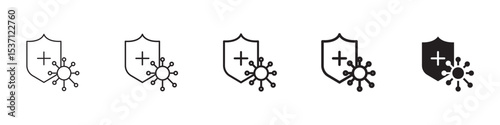 Shield virus icons in black outline, solid and colored style