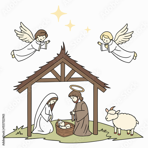 Holy family nativity scene angels baby jesus sheep
