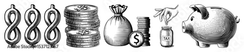 Vector Financial Elements with Coins Bags Hand and Piggy Bank