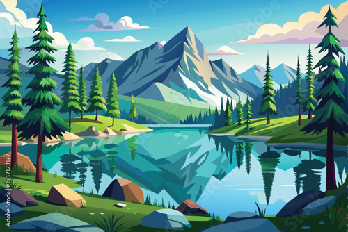 Mountain landscapes featuring lakes or rivers, with green trees, snow-capped peaks, and a clear sky, capture the essence of nature's beauty