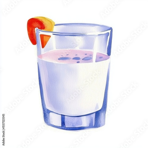 Watercolor Beverage Illustration In Transparent Glass With Fruit Garnish on White
