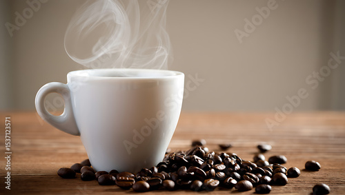 Steaming Espresso Cup with Coffee Beans on Wood Table