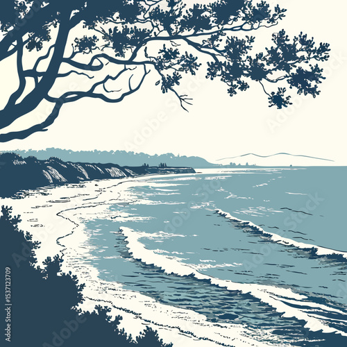 Serene coastal landscape under tree branches