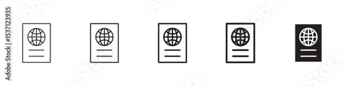 Passport icons in black outline, solid and colored style