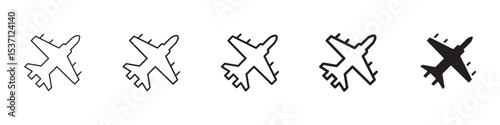 Fighter jet icons in black outline, solid and colored style