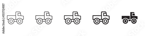 Monster truck icons in black outline, solid and colored style