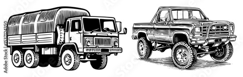 Vector Detailed vector illustrations of a heavy-duty truck and off-road vehicle.