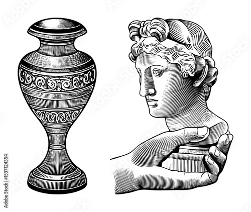 Vector Antique vase and classical bust in engraving style.