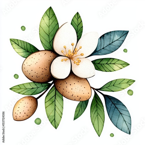 Watercolor Almond Blossom Illustration Brown Almonds, White Flower, Green Leaves on White Background