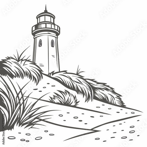 Lighthouse on sandy coastline with tall grass