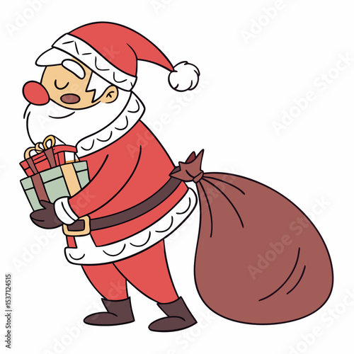 Jolly santa claus carrying gifts christmas eve