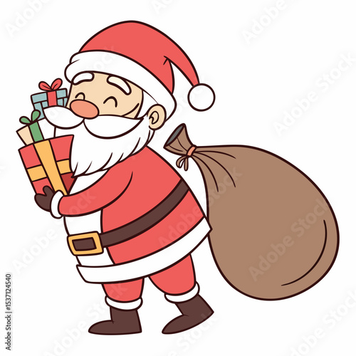 Jolly santa claus carrying gifts and sack
