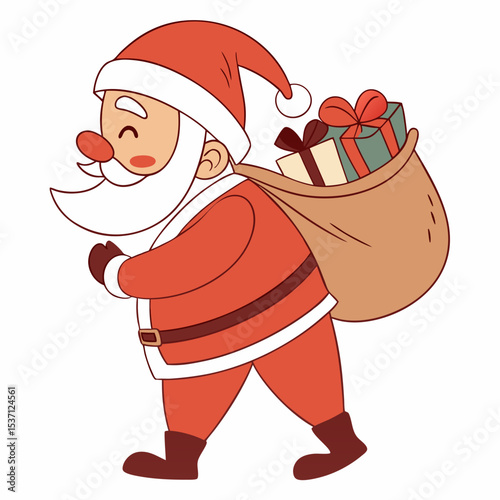 Jolly santa claus carrying a bag of gifts