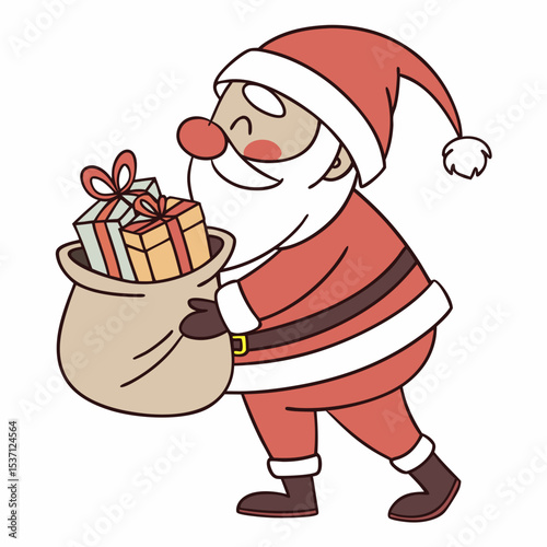 Jolly santa claus carrying a bag of gifts