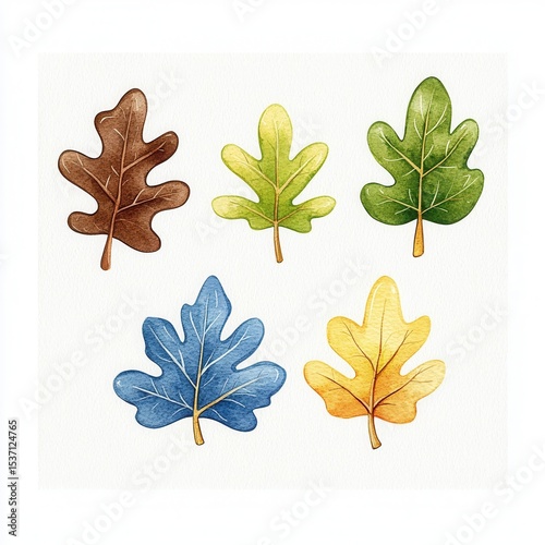 Watercolor Autumn Leaves Illustration Set Green, Brown, Yellow, and Blue Foliage on White