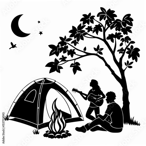 Campfire night silhouette couple playing guitar under tree