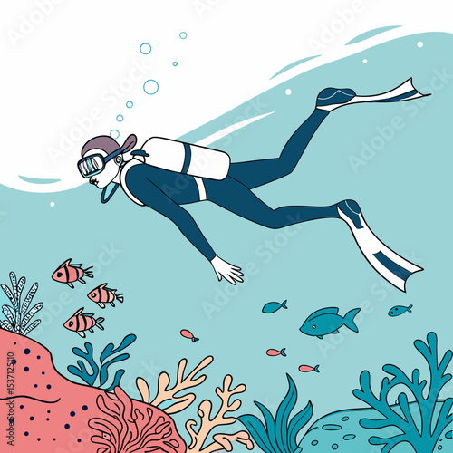 Underwater scuba diver exploring vibrant coral reef
