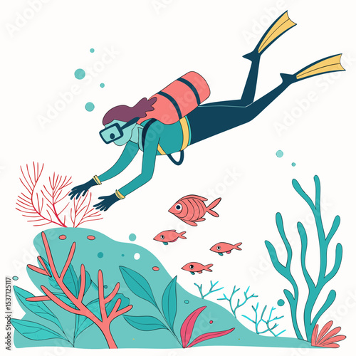 Underwater scuba diver exploring vibrant coral reef