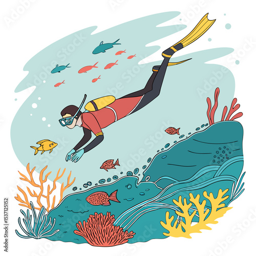 Underwater scuba diver exploring vibrant coral reef